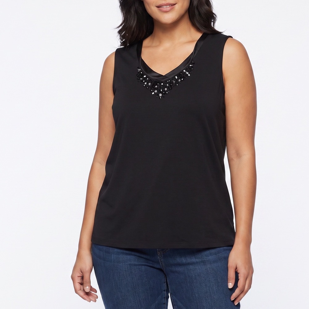 Croft & Barrow Tank Top Womens 1X Black Sequin V-Neck Stretch New
